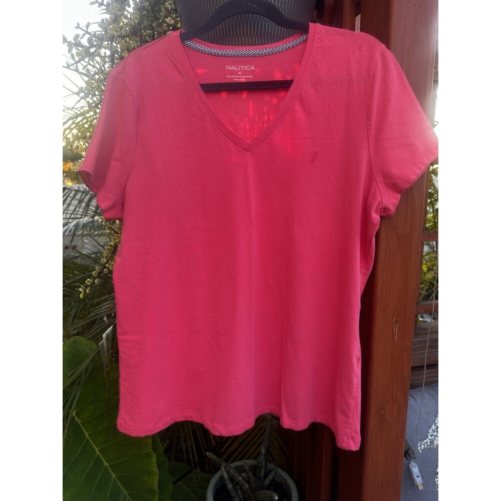 Nautica Red V-Neck Cotton Women XL Short Sleeve T-Shirt